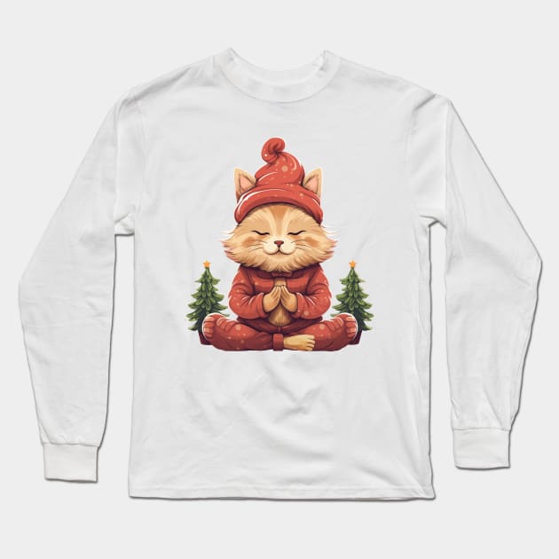 Yoga Meditation Christmas Cat Long Sleeve T-Shirt by ByMine